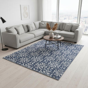 HomeRoots 10' X 14' Navy Blue & Ivory Floral Area Rug - Washable, UV Protected, Stain Resistant for Family Life 673957