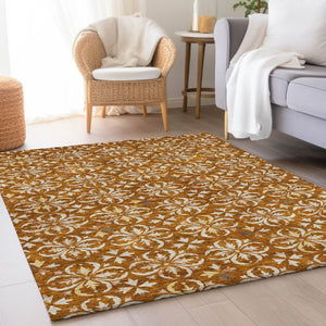 HomeRoots 5' X 8' Floral Washable Area Rug - Rust & Beige with UV Protection for Homes with Kids & Pets 673959