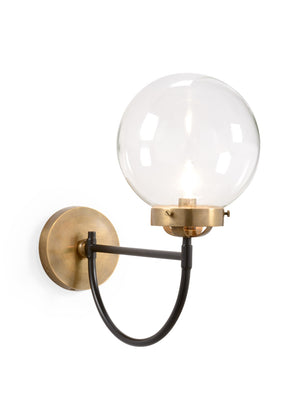 Wildwood Bistro Two-Tone Mid-Century Wall Sconce With Clear Glass Globe, Brass & Matte Black Finish, 16" 67396