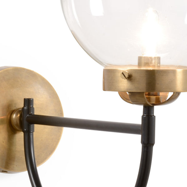 Wildwood Bistro Two-Tone Mid-Century Wall Sconce With Clear Glass Globe, Brass & Matte Black Finish, 16" 67396
