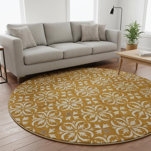 HomeRoots 8' Washable Round Area Rug in Rust and Beige Floral Design - UV Protected, Stain Resistant, Durable 673960