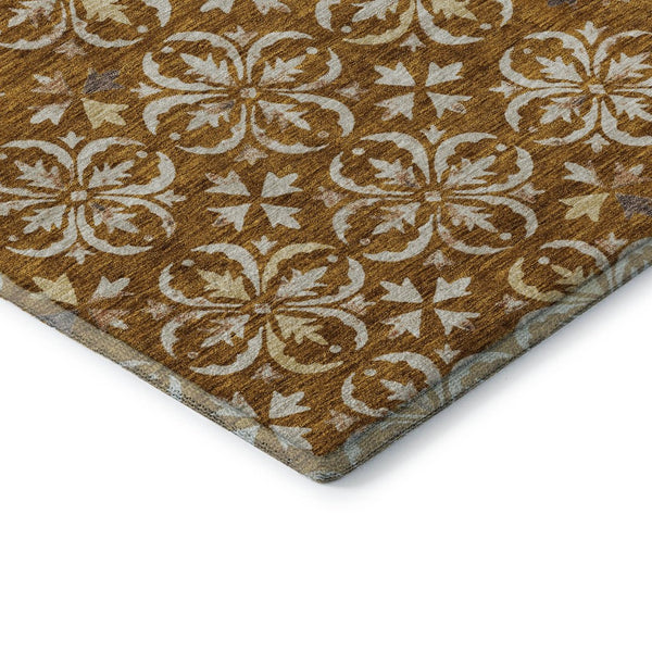 HomeRoots 8' Washable Round Area Rug in Rust and Beige Floral Design - UV Protected, Stain Resistant, Durable 673960