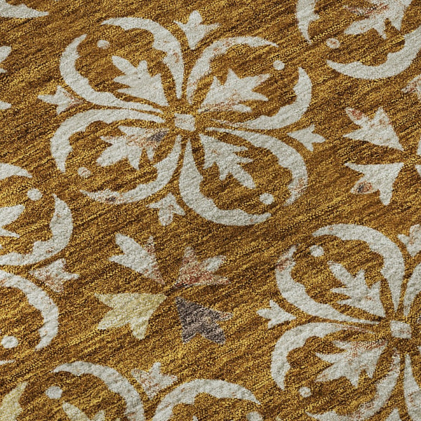 HomeRoots 8' Washable Round Area Rug in Rust and Beige Floral Design - UV Protected, Stain Resistant, Durable 673960