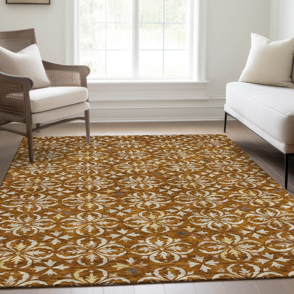 HomeRoots 9' X 12' Floral Washable Area Rug in Rust & Beige - Durable, UV-Protected, Perfect for High-Traffic Homes! 673962