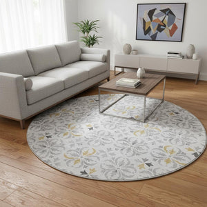 HomeRoots 8' Silver and Gray Floral Round Rug - Washable, UV-Protected, Durable Design for All Spaces 673966