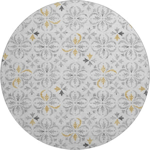 HomeRoots 8' Silver and Gray Floral Round Rug - Washable, UV-Protected, Durable Design for All Spaces 673966