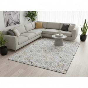 HomeRoots 8' X 10' Silver and Gray Floral Washable Area Rug – UV Protected, Stain Resistant, Family-Friendly Decor 673967