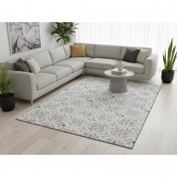 HomeRoots 8' X 10' Silver and Gray Floral Washable Area Rug – UV Protected, Stain Resistant, Family-Friendly Decor 673967
