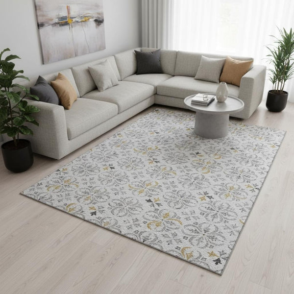 HomeRoots 10' Silver and Gray Floral Area Rug - Washable, UV Protected, Stain-Resistant for High-Traffic Spaces 673969
