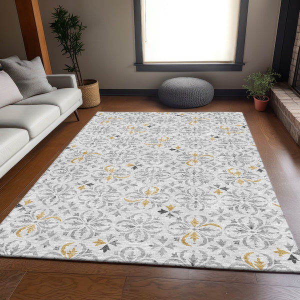 HomeRoots 10' Silver and Gray Floral Area Rug - Washable, UV Protected, Stain-Resistant for High-Traffic Spaces 673969