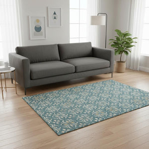 HomeRoots 5' X 8' Floral Washable Area Rug in Teal & Ivory - Durable, Stain-Resistant, UV Protected & Stylish! 673971