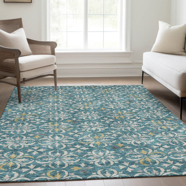 HomeRoots 5' X 8' Floral Washable Area Rug in Teal & Ivory - Durable, Stain-Resistant, UV Protected & Stylish! 673971