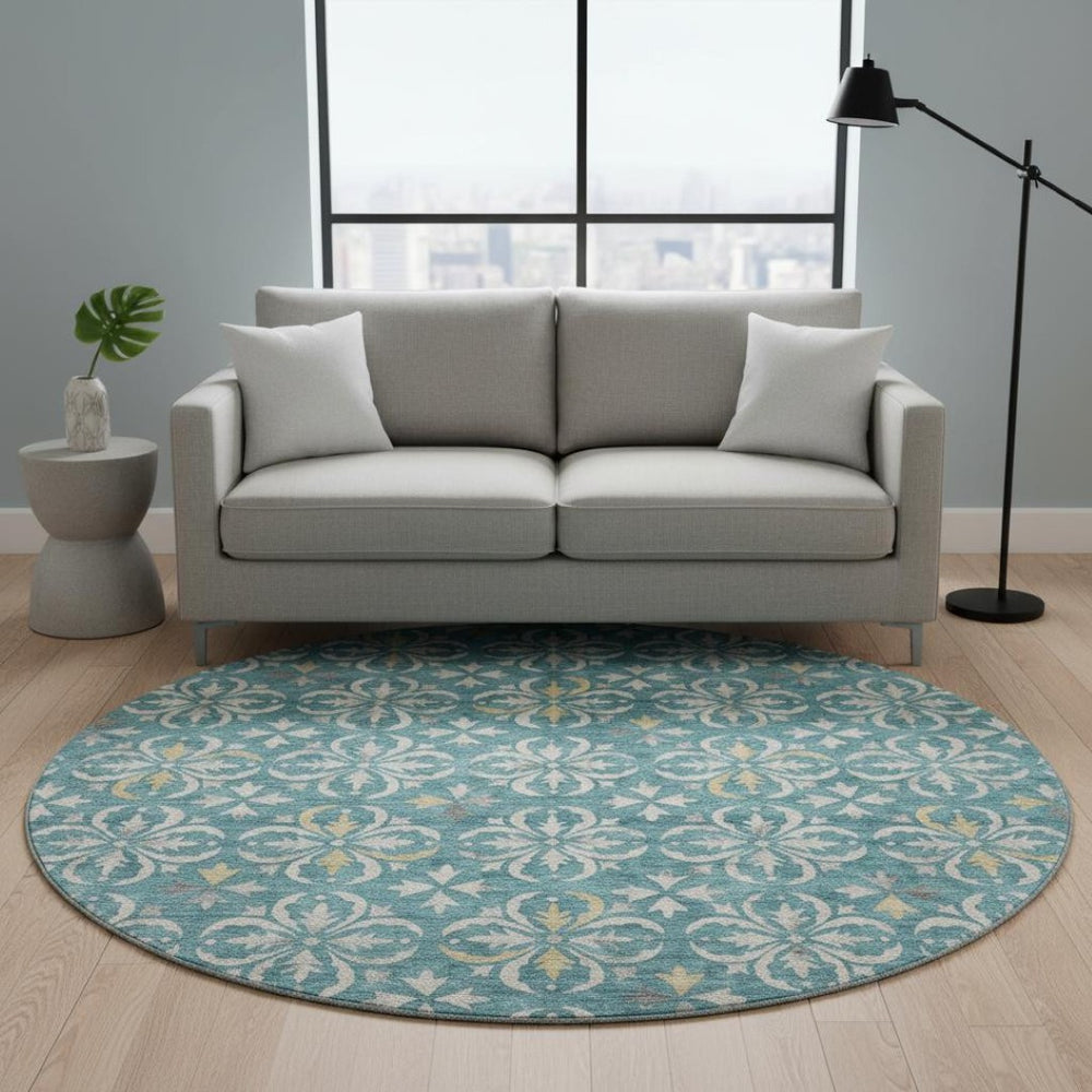 HomeRoots 8' Teal and Ivory Floral Washable Round Rug – Stylish UV-Protected Design for Busy Homes & Kids 673972
