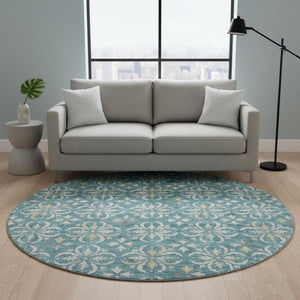 HomeRoots 8' Teal and Ivory Floral Washable Round Rug – Stylish UV-Protected Design for Busy Homes & Kids 673972