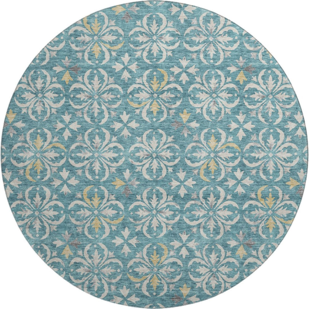 HomeRoots 8' Teal and Ivory Floral Washable Round Rug – Stylish UV-Protected Design for Busy Homes & Kids 673972