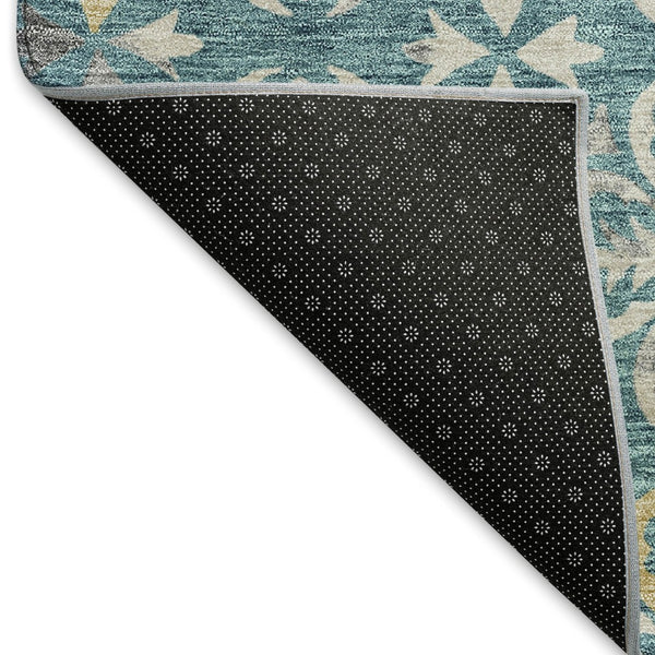 HomeRoots 8' Teal and Ivory Floral Washable Round Rug – Stylish UV-Protected Design for Busy Homes & Kids 673972