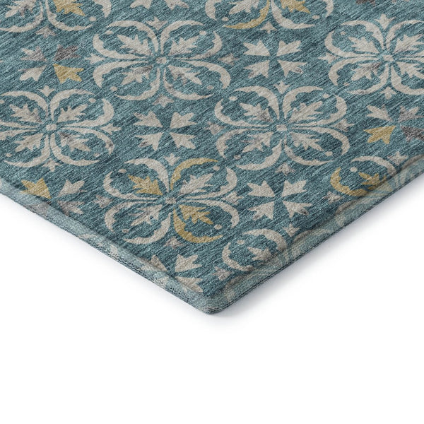 HomeRoots 8' Teal and Ivory Floral Washable Round Rug – Stylish UV-Protected Design for Busy Homes & Kids 673972