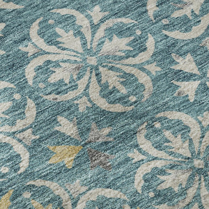 HomeRoots 8' Teal and Ivory Floral Washable Round Rug – Stylish UV-Protected Design for Busy Homes & Kids 673972