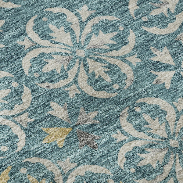 HomeRoots 8' Teal and Ivory Floral Washable Round Rug – Stylish UV-Protected Design for Busy Homes & Kids 673972