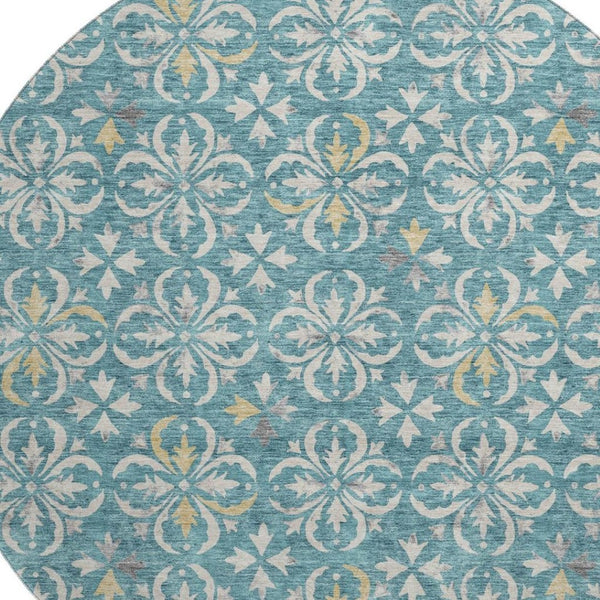HomeRoots 8' Teal and Ivory Floral Washable Round Rug – Stylish UV-Protected Design for Busy Homes & Kids 673972