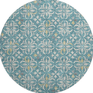 HomeRoots 8' Teal and Ivory Floral Washable Round Rug – Stylish UV-Protected Design for Busy Homes & Kids 673972