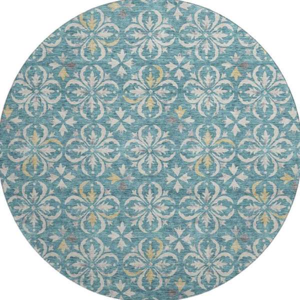 HomeRoots 8' Teal and Ivory Floral Washable Round Rug – Stylish UV-Protected Design for Busy Homes & Kids 673972