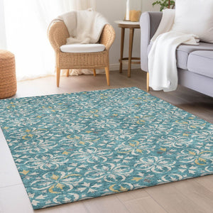 HomeRoots 8' X 10' Teal & Ivory Floral Area Rug - Washable, UV Protected, Ideal for Families & Pets! 673973