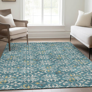 HomeRoots 8' X 10' Teal & Ivory Floral Area Rug - Washable, UV Protected, Ideal for Families & Pets! 673973