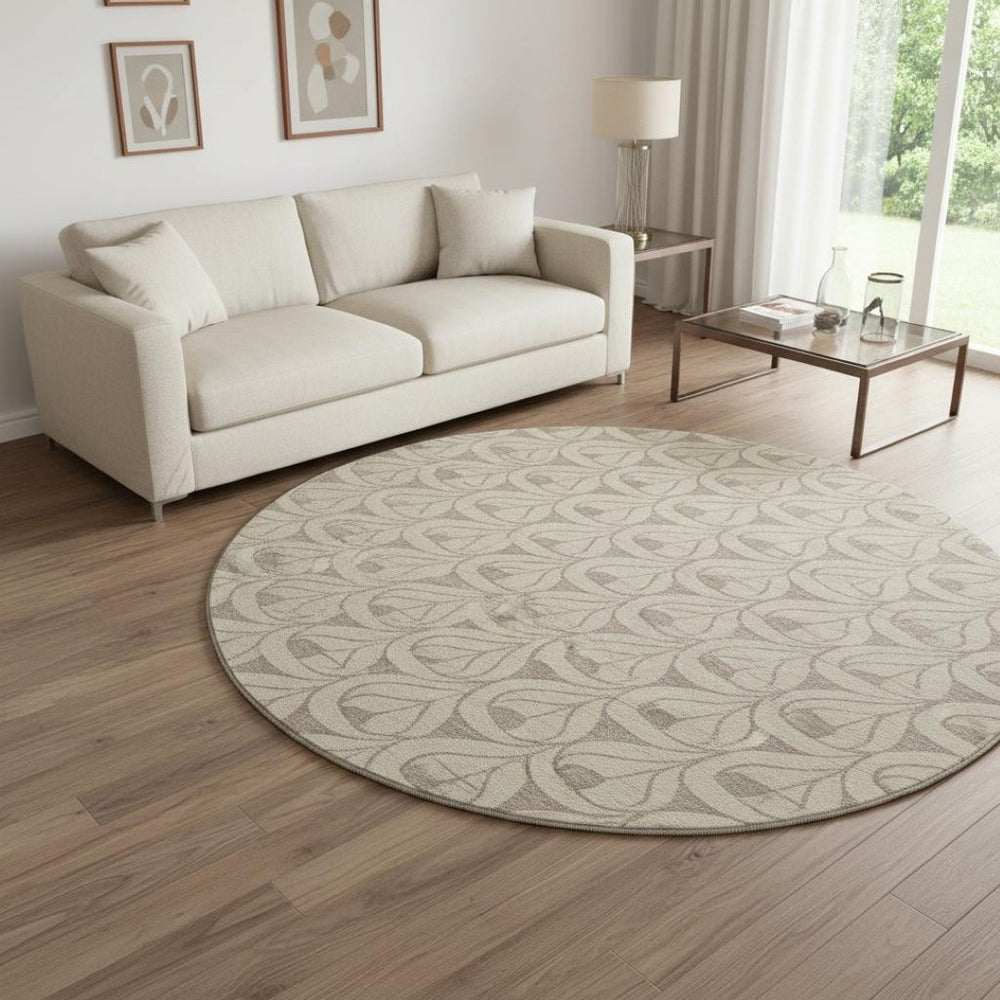 HomeRoots 8' Beige and Taupe Geometric Washable Round Rug – Modern, UV-Protected, Stain-Resistant Design! 673978