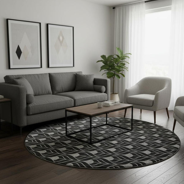 HomeRoots 8' Modern Black and Gray Geometric Washable Round Rug with UV Protection for High-Traffic Areas 673984