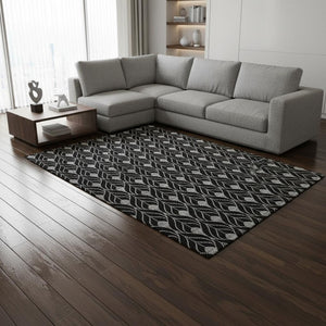 HomeRoots 9' X 12' Black and Gray Geometric Area Rug - Washable, UV Protected, and Perfect for High-Traffic Rooms 673986