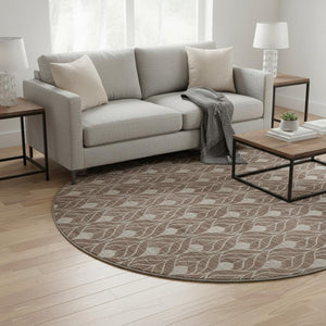 HomeRoots 8' Brown and Beige Geometric Round Rug - Washable, UV-Protected, Non-Slip, Durable Design for Homes 673990