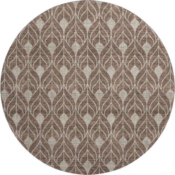 HomeRoots 8' Brown and Beige Geometric Round Rug - Washable, UV-Protected, Non-Slip, Durable Design for Homes 673990