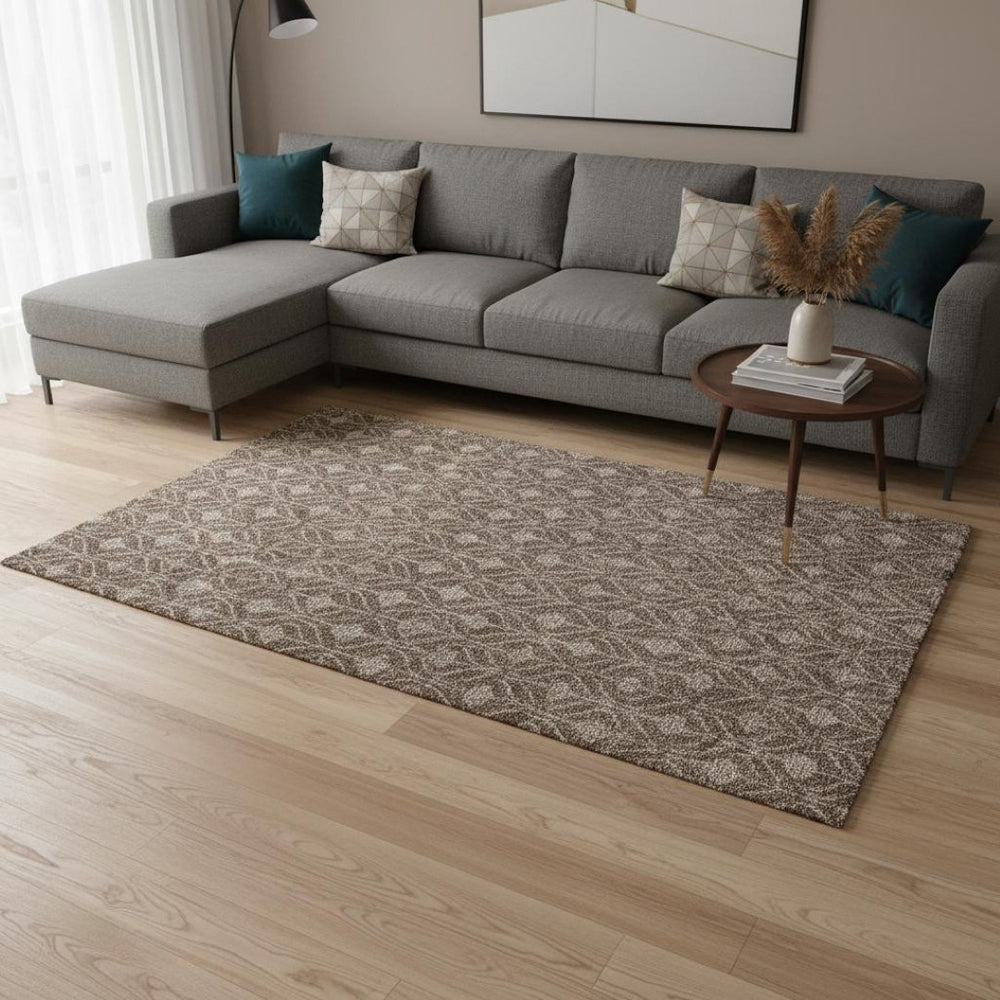 HomeRoots 8' X 10' Brown And Beige Geometric Area Rug - Washable, Stain-Resistant, UV Protected for Modern Homes 673991