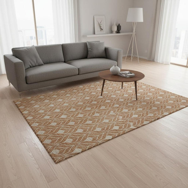 HomeRoots 5' X 8' Copper And Beige Geometric Area Rug - Washable, UV Protected, Stylish & Durable for Family Living 673995