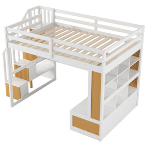 English Elm Full Full Size Loft Bed with Desk, Shelves, Two Drawers and Storage Staircase in Warm Wood Finish Natural+White GX000397AAD