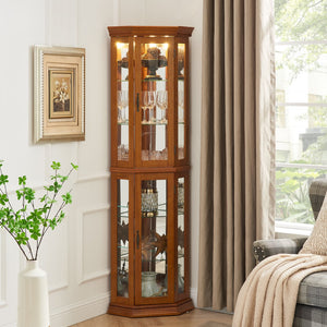 English Elm Corner Curio Cabinet with Lighted Top, Mirrored Back, Tempered Glass Shelves, Walnut Finish Elegance Oak W1693P165016