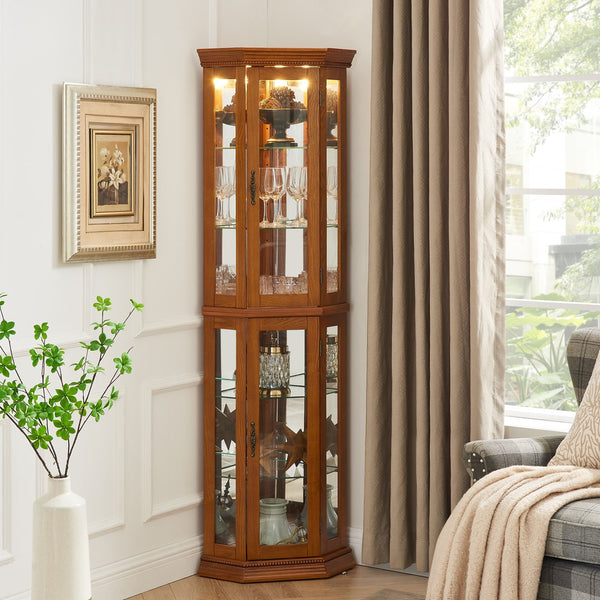 English Elm Corner Curio Cabinet with Lighted Top, Mirrored Back, Tempered Glass Shelves, Walnut Finish Elegance Oak W1693P165016