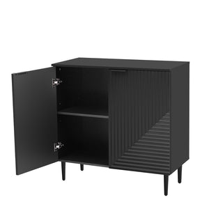 English Elm Mirod Lacquered Side Cabinet Geometric Door Panels Metal Legs Adjustable Interior Shelves Black N760P221050B