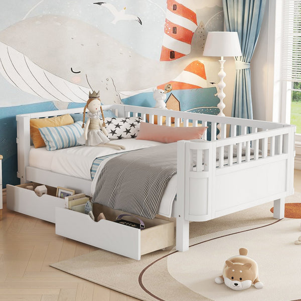 English Elm Twin Solid Wood Platform Bed with Guardrail for Kids, Low-Profile Sturdy Pine Frame, Safe Sleep Solution White 69.69 L x 18.5 W x 7.68 H W2593P331678