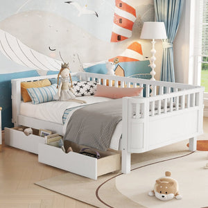 English Elm Twin Kids Platform Bed Solid Pine White Finish with Storage Drawers and Safety Rails W2593P409364