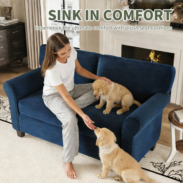 English Elm 57" Corduroy Two Seater Sofa Removable Cushions Solid Wood Frame Compact Living Room Blue W2715P433632