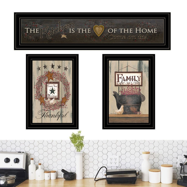 English Elm "the Primitive Kitchen" 3 Panel Farmhouse Wall Art Set with Matte Black Wood Frames B06787818