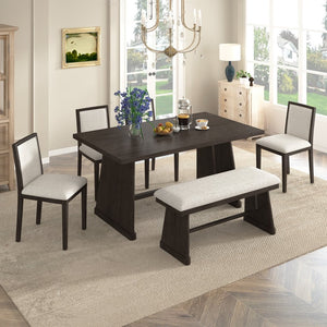 English Elm Trexm Six Piece Farmhouse Dining Set Wire Brushed Oak Veneer Table Linen Chairs Bench Espresso ST000155AAP