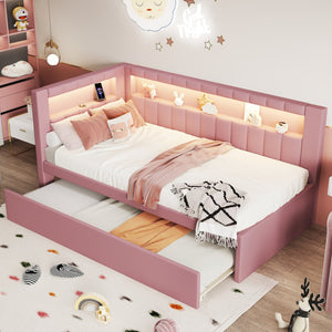 English Elm Upholstered Twin Platform Bed with Trundle, Linen Backrest, Built-In USB Ports & LED Accent Lighting Pink DL001919AAH