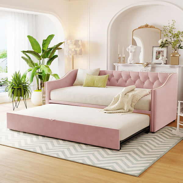 English Elm Twin Upholstered Daybed with Pop-Up Trundle, Space-Saving Guest Bed with Slats, Hydraulic Wheels, 81.9" L Pink SF000133AAH