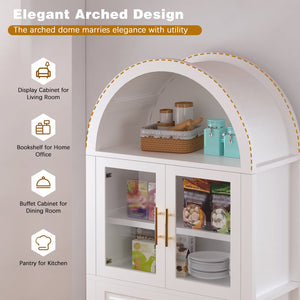 English Elm 71" Tall Arched Pantry Cabinet with Tempered Glass Door, Adjustable Shelves, Anti-Tip Kit & Metal Handles White W2917P384735