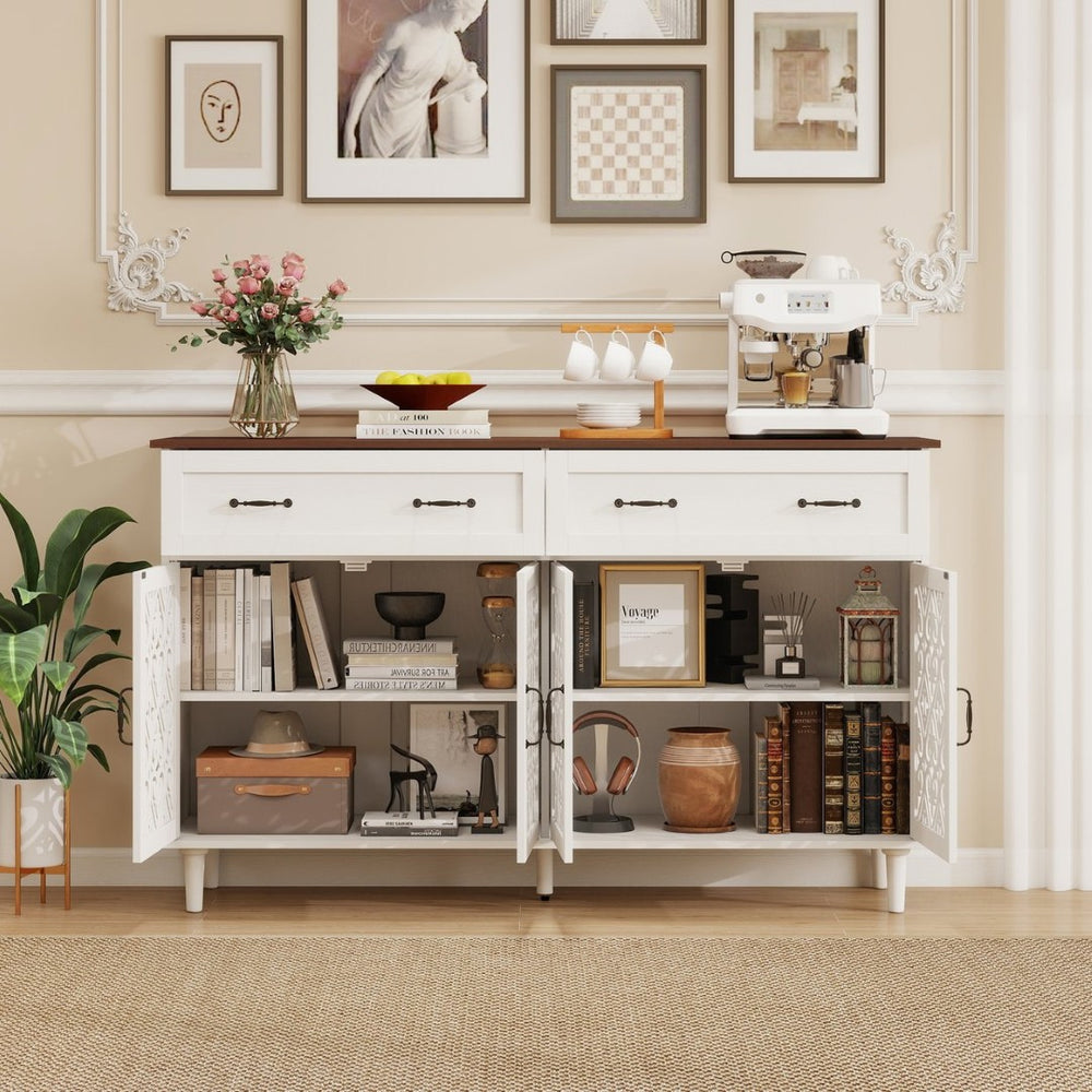 English Elm Vintage Farmhouse Sideboard with Hand-carved Doors Two-tone Distressed Wood Finish W688P360028