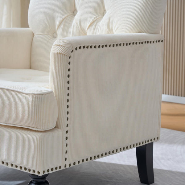 English Elm Tufted Button Corduroy Accent Chair Mid Century Studded Armchair for Living Room Beige W3523P387526