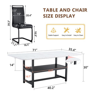 English Elm Table And Chair Set - Modern 71" White Grain Dining Table With Built-In Storage & 6 Black Pu Chairs W1151S04274-GIGA